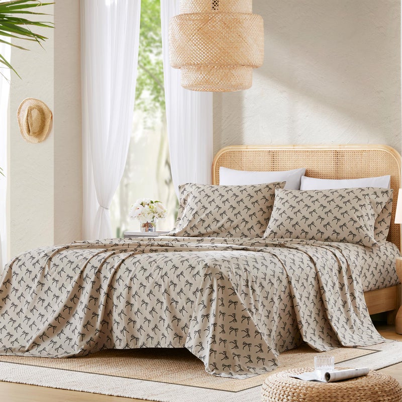 Comfort Spaces 100% Cotton Sheets King, Breathable, Naturally Cool Cotton Sheets, Soft Cotton Bed Sheets with 14" Elastic Pocket Fits up to 16" Mattress, All Seasons Sheet Set, Bow Black/Taupe 4 Piece - Image 3