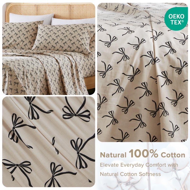 Comfort Spaces 100% Cotton Sheets King, Breathable, Naturally Cool Cotton Sheets, Soft Cotton Bed Sheets with 14" Elastic Pocket Fits up to 16" Mattress, All Seasons Sheet Set, Bow Black/Taupe 4 Piece - Image 2