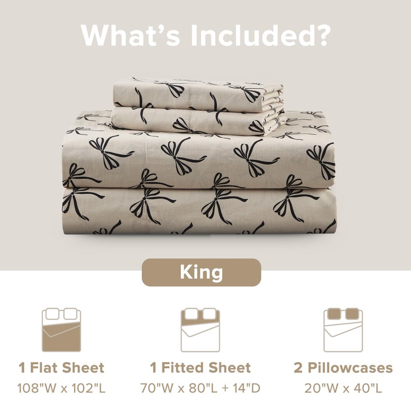 Comfort Spaces 100% Cotton Sheets King, Breathable, Naturally Cool Cotton Sheets, Soft Cotton Bed Sheets with 14" Elastic Pocket Fits up to 16" Mattress, All Seasons Sheet Set, Bow Black/Taupe 4 Piece - Image 4