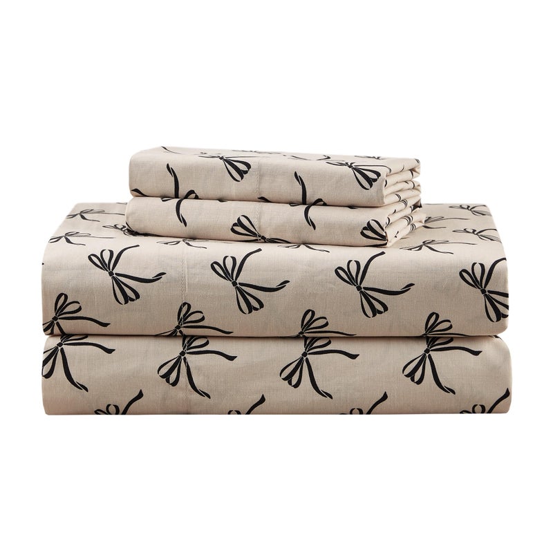 Comfort Spaces 100% Cotton Sheets King, Breathable, Naturally Cool Cotton Sheets, Soft Cotton Bed Sheets with 14" Elastic Pocket Fits up to 16" Mattress, All Seasons Sheet Set, Bow Black/Taupe 4 Piece - Image 1