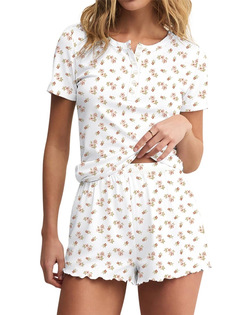 Lacozy Cute Pajama Sets for Women Floral Graphic Pjs Crew Neck Button Top and Shorts Summer Y2K Sleepwear Loungewear L - Image 1