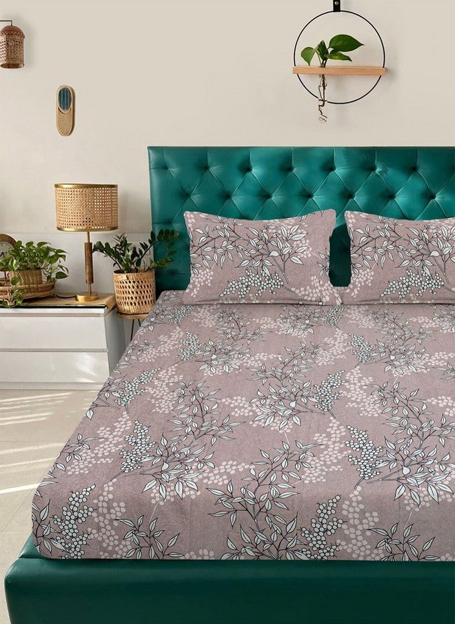Arrabi Brown Floral Polycotton Breathable 350 TC King Superfine Bedsheet with 2 Pillow Covers - 98 x 85 inches - Image 2