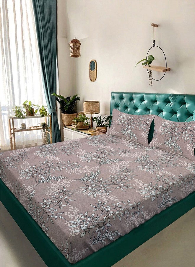 Arrabi Brown Floral Polycotton Breathable 350 TC King Superfine Bedsheet with 2 Pillow Covers - 98 x 85 inches - Image 1