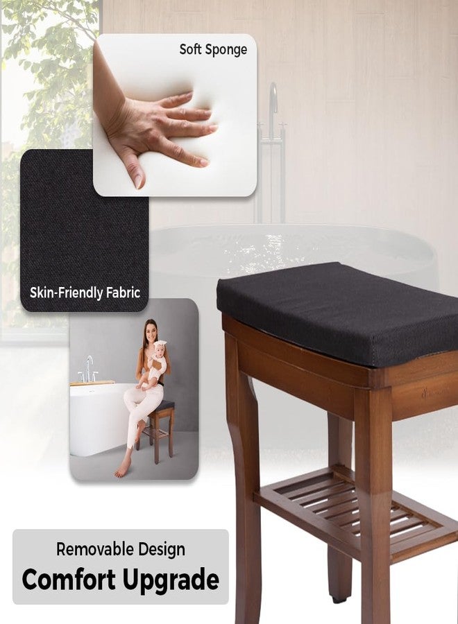 StrongTek Bamboo Shower Bench Seat with Cushion, Shower Stool with Storage Shelf, Lightweight, Non-Slip, Quick-Drain Design, 350 lbs Capacity, Ideal for Bathroom, Spa, Sauna, Living Room - Image 3