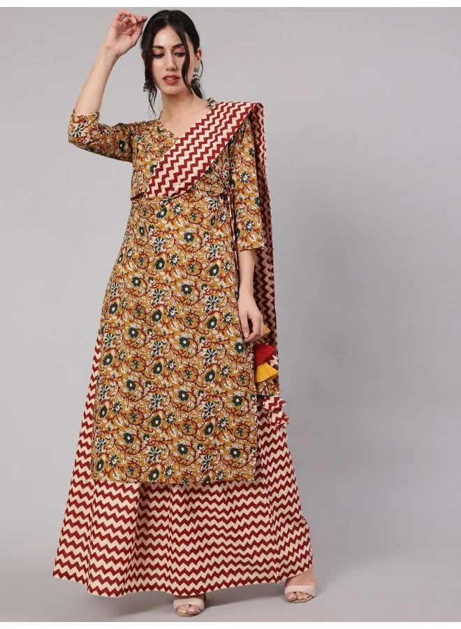 AKS AKS Floral Printed Regular Pure Cotton Kurta With Skirt & Attached Dupatta