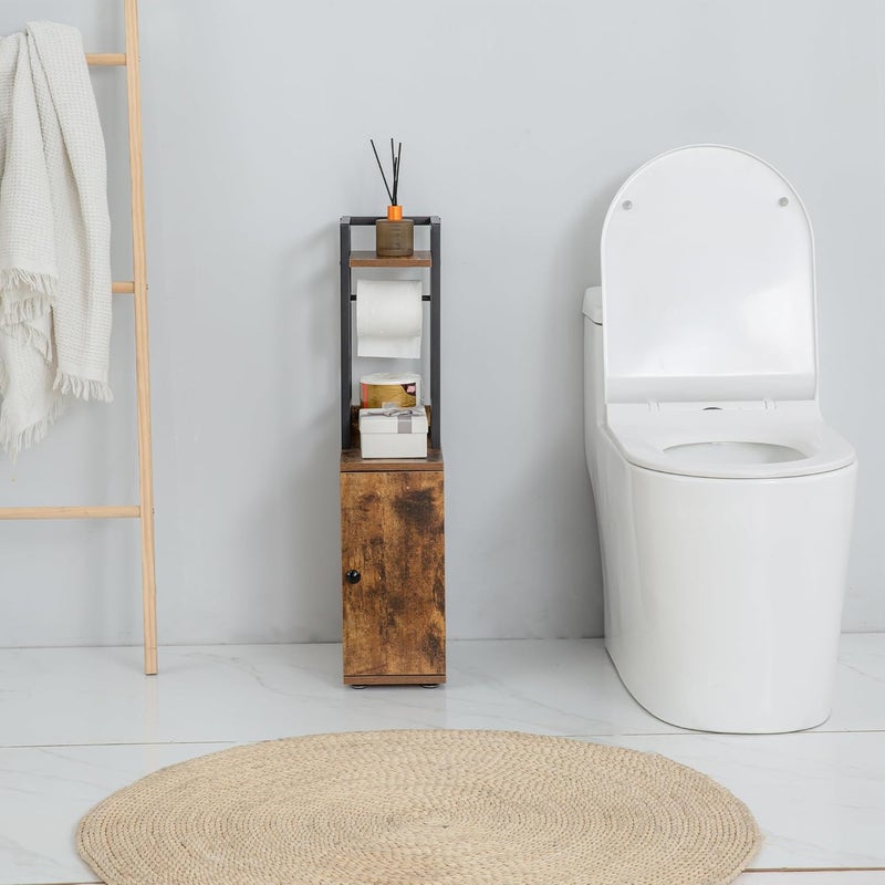 SUNTAGE Small Bathroom Storage Cabinet, 6.5 * 11.8 * 29.5”Narrow Side Bathroom Organizer w/Toilet Paper Holder & Storage Door, Slim Toilet Paper Storage Cabinet for Bathroom (Vintage Brown) - Image 5