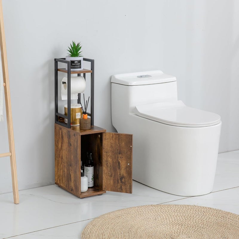 SUNTAGE Small Bathroom Storage Cabinet, 6.5 * 11.8 * 29.5”Narrow Side Bathroom Organizer w/Toilet Paper Holder & Storage Door, Slim Toilet Paper Storage Cabinet for Bathroom (Vintage Brown) - Image 1