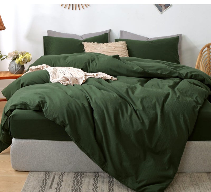 MooMee Bedding Duvet Cover Set 100 Washed Cotton Linen Like Textured Breathable Durable Soft Comfy Solid Forest Green Cal King 104x98