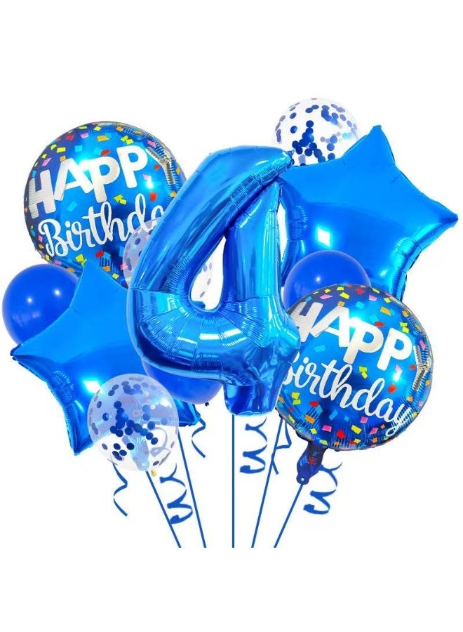 مجموعة من 13 بالونًا أزرقًا لأعياد الميلاد الرابعة - 32 بالونًا من رقائق الألومنيوم رقم 4، بالونات دائرية لأعياد الميلاد السعيدة، بالونات على شكل نجمة وبالونات قصاصات ورقية، مجموعة تزيين حفلات للأولاد - Image 1