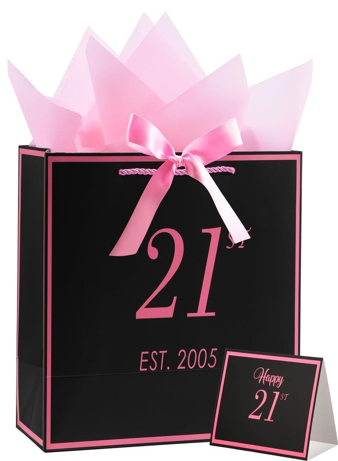 momoake 21st Birthday Gift Bag with Card and Tissue Paper for Women Her, 2005 21 Year Old 13" Elegant Black & Pink Anniversary Keepsake Party Present Shopping Paper Bags for Gifts Wrapping (2005 21st) - Image 1