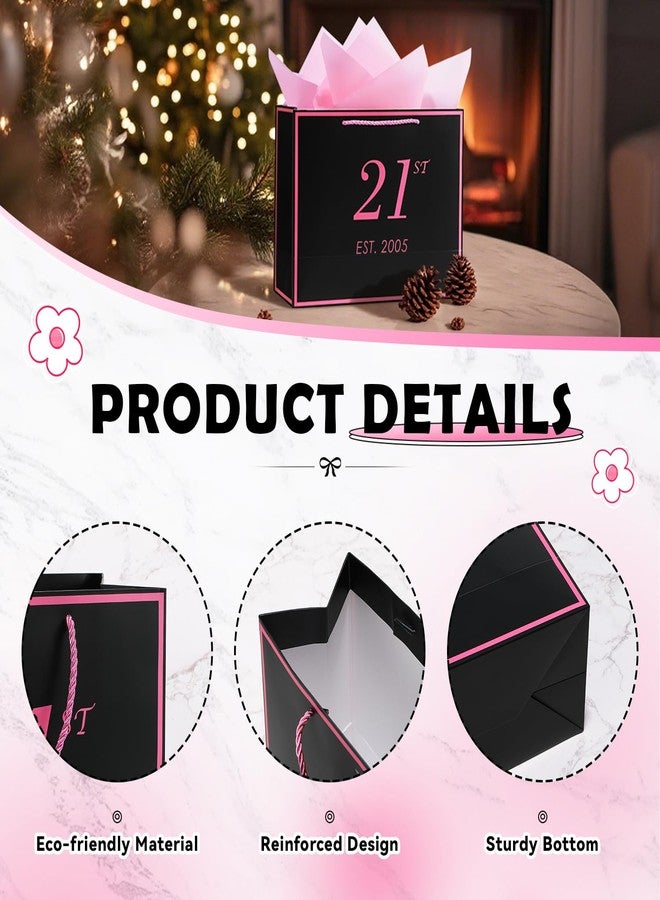 momoake 21st Birthday Gift Bag with Card and Tissue Paper for Women Her, 2005 21 Year Old 13" Elegant Black & Pink Anniversary Keepsake Party Present Shopping Paper Bags for Gifts Wrapping (2005 21st) - Image 4