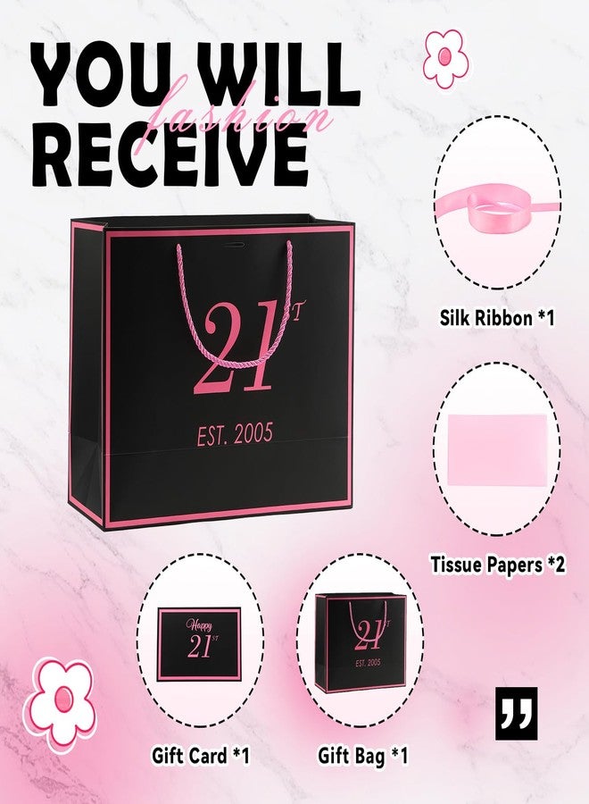 momoake 21st Birthday Gift Bag with Card and Tissue Paper for Women Her, 2005 21 Year Old 13" Elegant Black & Pink Anniversary Keepsake Party Present Shopping Paper Bags for Gifts Wrapping (2005 21st) - Image 2