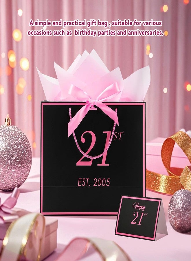 momoake 21st Birthday Gift Bag with Card and Tissue Paper for Women Her, 2005 21 Year Old 13" Elegant Black & Pink Anniversary Keepsake Party Present Shopping Paper Bags for Gifts Wrapping (2005 21st) - Image 3
