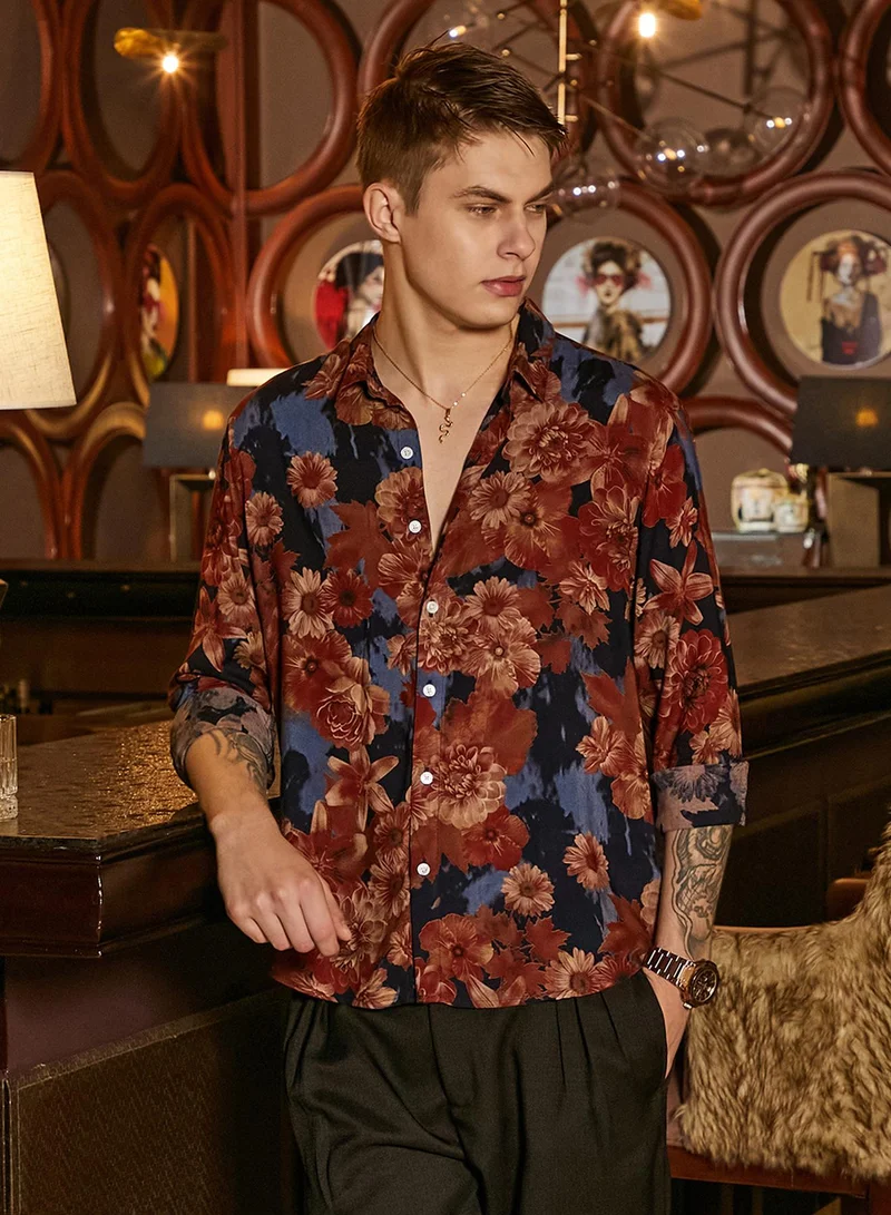 Campus Sutra Men's Chocolate Brown & Midnight Black Floral Overlap Shirt For Casual Wear | Spread Collar | Long Cuffed Sleeves | Button Closure | Shirt Crafted With Comfort Fit For Everyday Wear