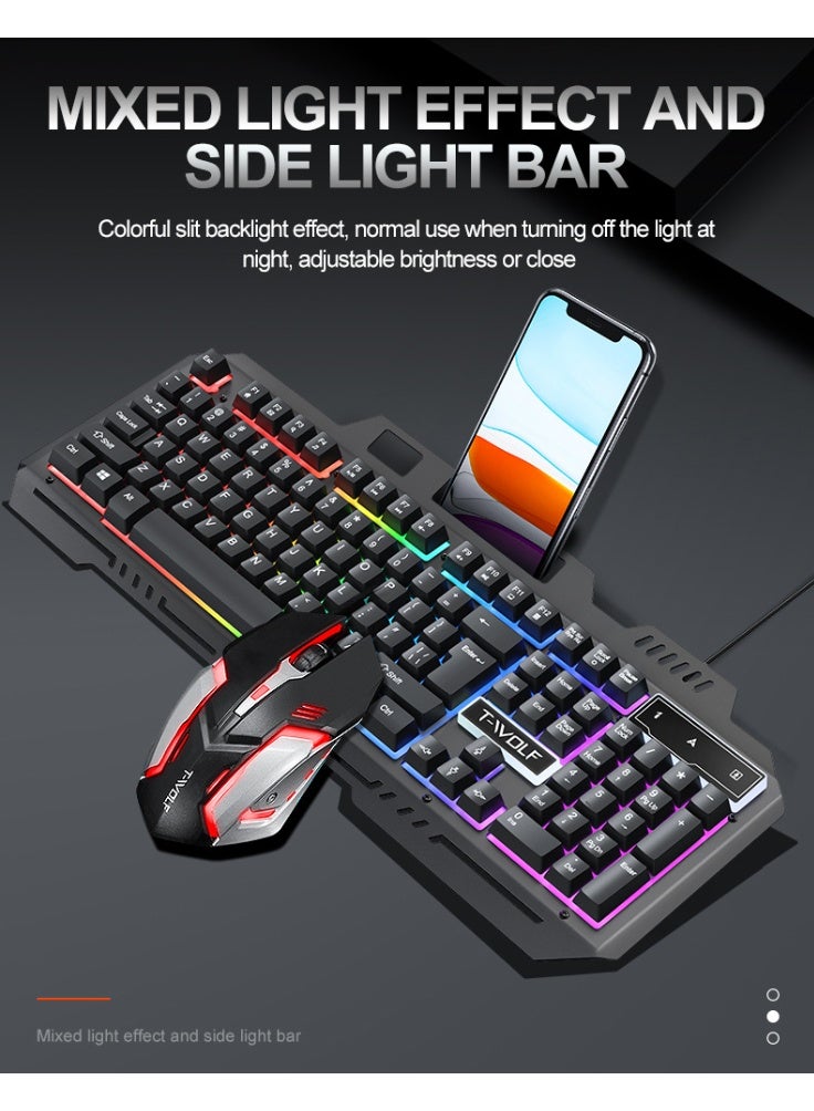 T-WOLF Game, e-sports/office wired USB keyboard and mouse set, RGB dazzling light emission, metallic texture, supports mixed color lighting effect, keyboard comes with a bracket for placing mobile phones - Image 3