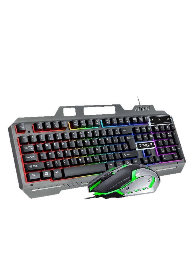 T-WOLF Game, e-sports/office wired USB keyboard and mouse set, RGB dazzling light emission, metallic texture, supports mixed color lighting effect, keyboard comes with a bracket for placing mobile phones - Image 1