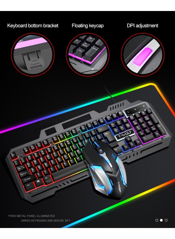 T-WOLF Game, e-sports/office wired USB keyboard and mouse set, RGB dazzling light emission, metallic texture, supports mixed color lighting effect, keyboard comes with a bracket for placing mobile phones - Image 5