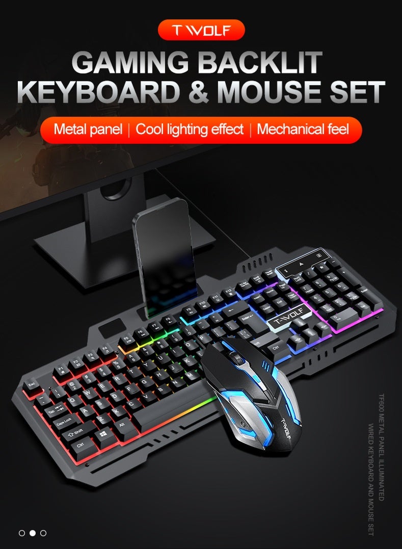 T-WOLF Game, e-sports/office wired USB keyboard and mouse set, RGB dazzling light emission, metallic texture, supports mixed color lighting effect, keyboard comes with a bracket for placing mobile phones - Image 2