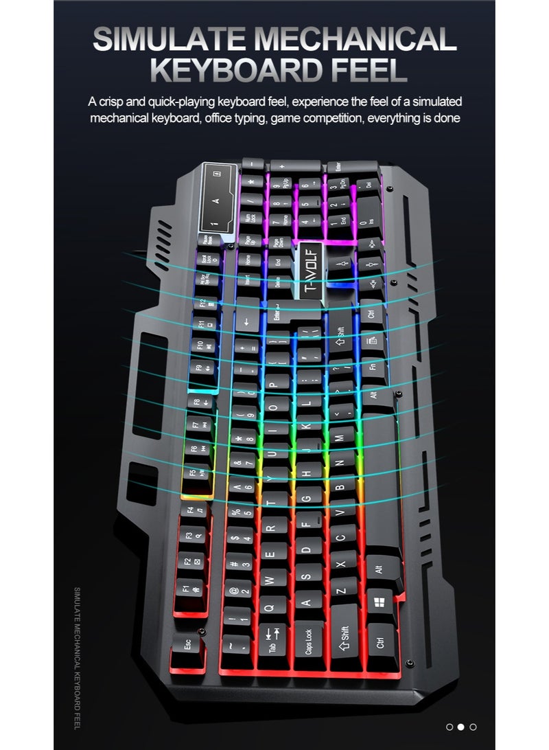 T-WOLF Game, e-sports/office wired USB keyboard and mouse set, RGB dazzling light emission, metallic texture, supports mixed color lighting effect, keyboard comes with a bracket for placing mobile phones - Image 4