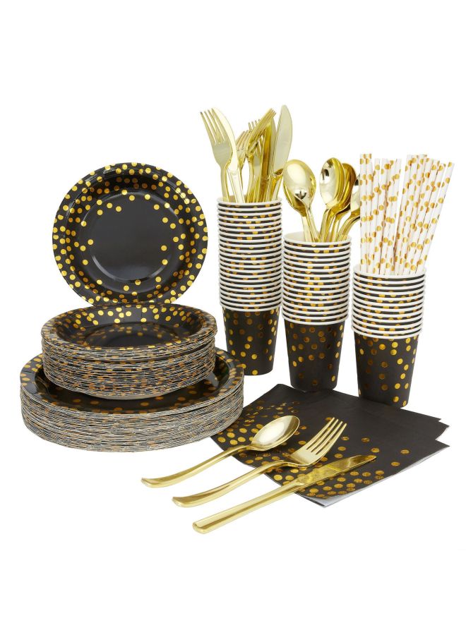 Bronzing Black Polka Dot Tableware Thickened Paper Cup Pie Paper Plate Golden Knife, Fork And Spoon Paper Towel Party Decorative Supplies Set - Image 2