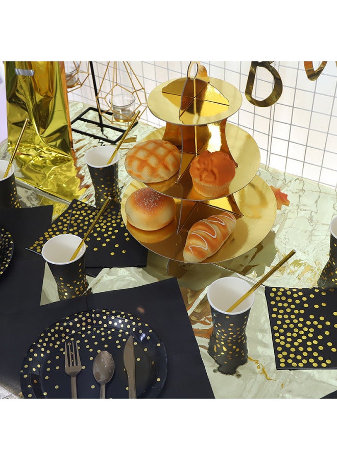 Bronzing Black Polka Dot Tableware Thickened Paper Cup Pie Paper Plate Golden Knife, Fork And Spoon Paper Towel Party Decorative Supplies Set - Image 4