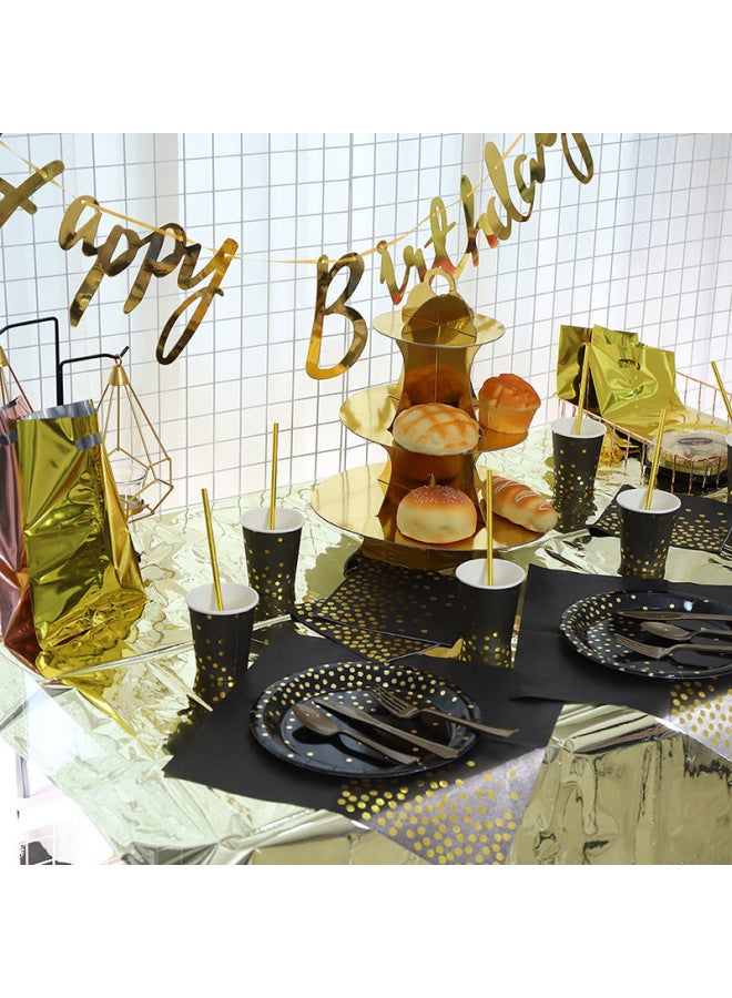 Bronzing Black Polka Dot Tableware Thickened Paper Cup Pie Paper Plate Golden Knife, Fork And Spoon Paper Towel Party Decorative Supplies Set - Image 3