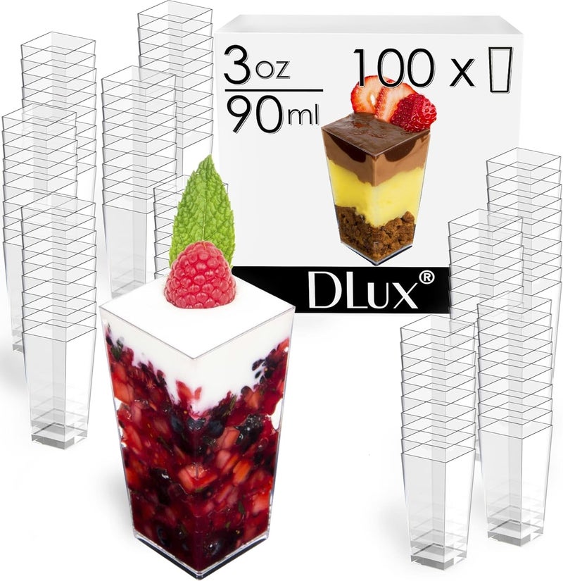 DLux 100 x 3 oz Mini Dessert Cups (no Spoons), Square Tall - Clear Plastic Parfait Appetizer Cup - Small Reusable Serving Bowl for Tasting Party Desserts Appetizers - With Recipe eBook - Image 2