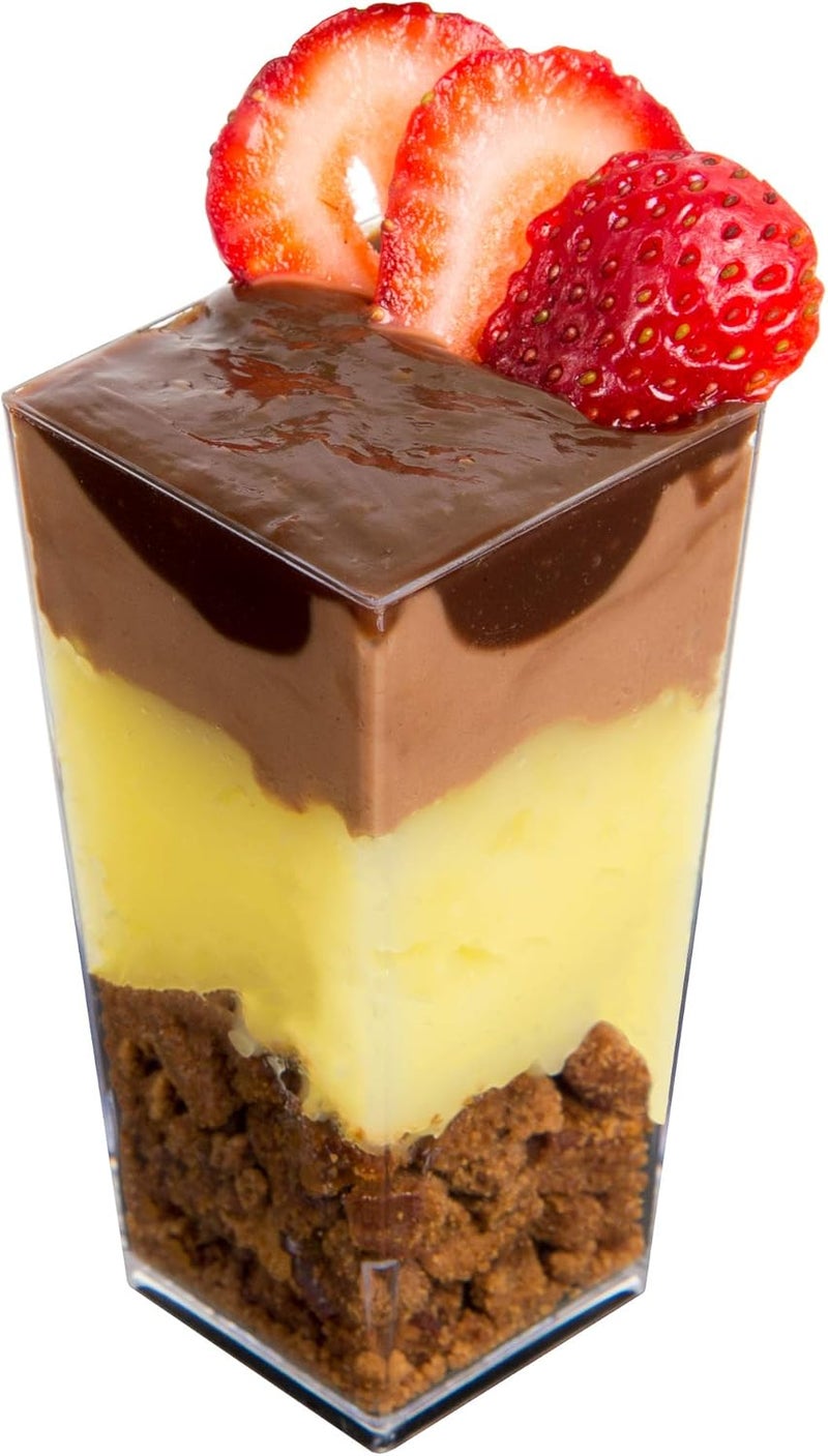 DLux 100 x 3 oz Mini Dessert Cups (no Spoons), Square Tall - Clear Plastic Parfait Appetizer Cup - Small Reusable Serving Bowl for Tasting Party Desserts Appetizers - With Recipe eBook - Image 1