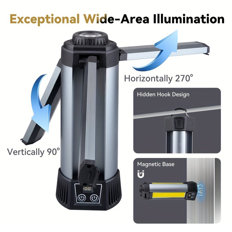Cob LED Work Light 6000mAh Lithium-Ion Battery 7 Lighting Modes Magnetic Base Work Light - Adjustable 90° Vertical 270° Horizontal Rotation Rechargeable Portable Lantern for Camping Outdoor Car Repair - Image 3