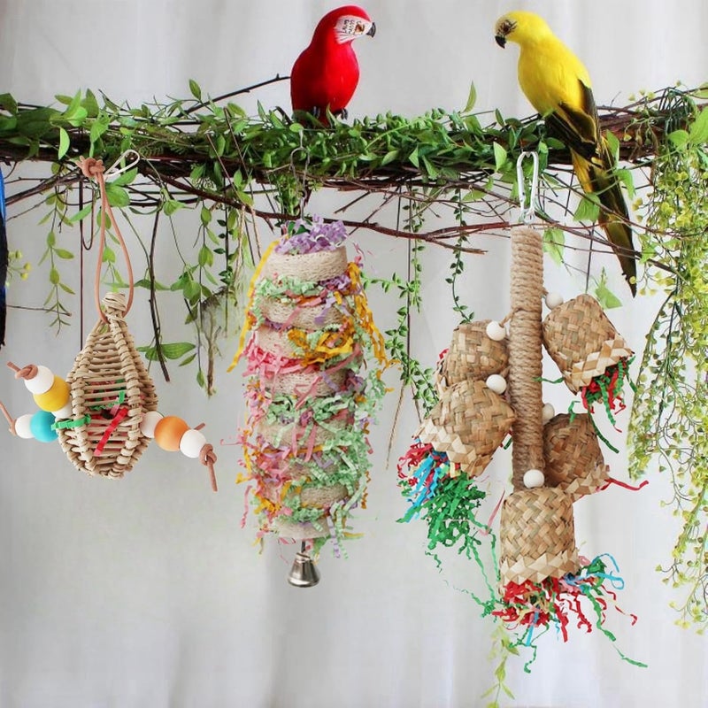 JDLYEVER All environment compatible Parrot Chewing Rattan Toys – 3 Pack with Palm Leaf Weaving Cup Chain, Rattan Chewing Hanging String, and Colorful Paper Crumple Chewing Toy – Handcrafted Bird Chewing, Vibrant Color & Bells Multi-demand satisfied design - Image 2
