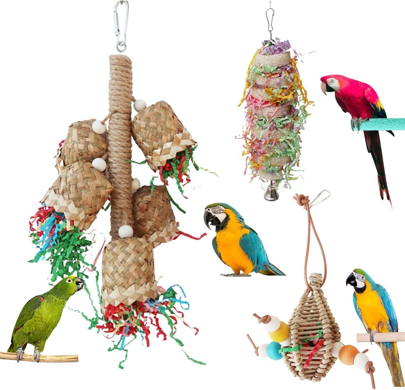 JDLYEVER All environment compatible Parrot Chewing Rattan Toys – 3 Pack with Palm Leaf Weaving Cup Chain, Rattan Chewing Hanging String, and Colorful Paper Crumple Chewing Toy – Handcrafted Bird Chewing, Vibrant Color & Bells Multi-demand satisfied design - Image 1