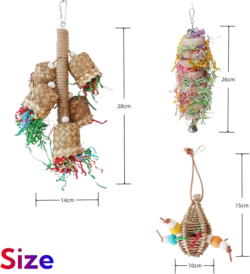 JDLYEVER All environment compatible Parrot Chewing Rattan Toys – 3 Pack with Palm Leaf Weaving Cup Chain, Rattan Chewing Hanging String, and Colorful Paper Crumple Chewing Toy – Handcrafted Bird Chewing, Vibrant Color & Bells Multi-demand satisfied design - Image 3