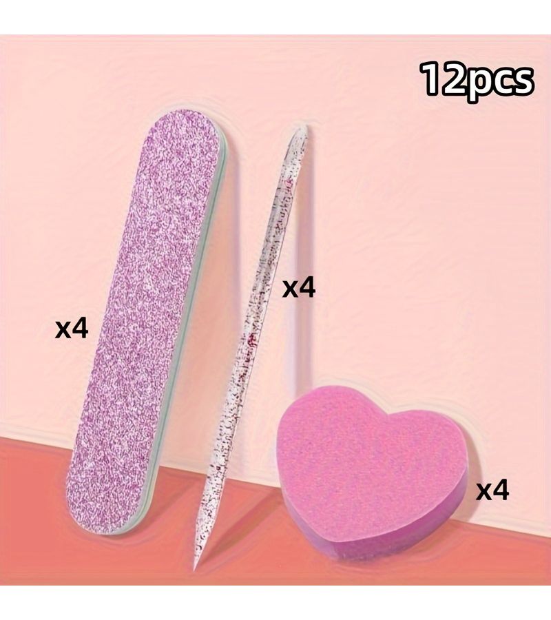 12pcs Pink Nail Care Set Polishing Nail File Buffing Stick Heart Sponge Block Unscented Manicure And Pedicure Tools Kit - Image 5