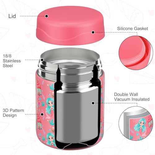 wiwens 12oz Soup Thermo for Hot Food Kids Insulated Food Jar Wide Mouth Lunch Container Leak Proof Stainless Steel Vacuum Bento Box for School Office Travel Outdoors Pink-Mermaid - Image 2