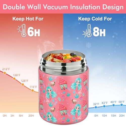 wiwens 12oz Soup Thermo for Hot Food Kids Insulated Food Jar Wide Mouth Lunch Container Leak Proof Stainless Steel Vacuum Bento Box for School Office Travel Outdoors Pink-Mermaid - Image 4