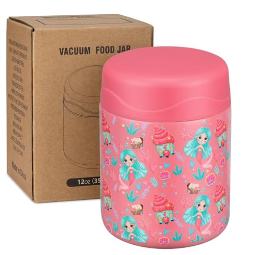 wiwens 12oz Soup Thermo for Hot Food Kids Insulated Food Jar Wide Mouth Lunch Container Leak Proof Stainless Steel Vacuum Bento Box for School Office Travel Outdoors Pink-Mermaid - Image 1