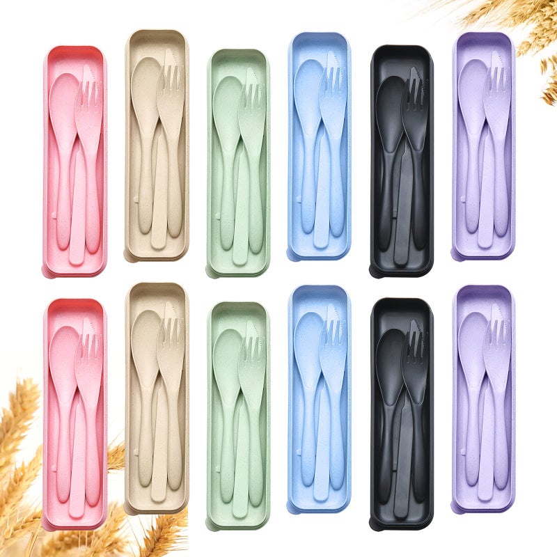 YDYTOP Reusable Travel Utensils Set with Case 12 Sets Wheat Straw Portable Knife Fork Spoons Cutlery EcoFriendly BPA Free Plastic Tableware for Kids Adults Travel Picnic Camping Utensils - Image 2