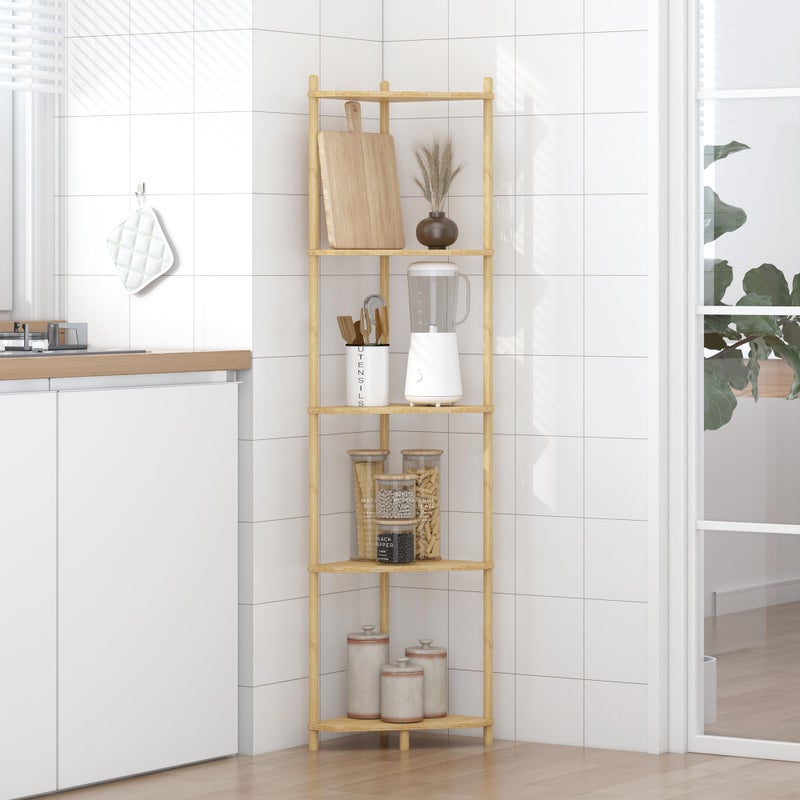 Wisuce Corner Shelf Stand - 5 Tier Natural Bamboo Small Corner Bookshelf for Office Kitchen Bedroom Plant Stand Living Room Decor Small Space - Image 2