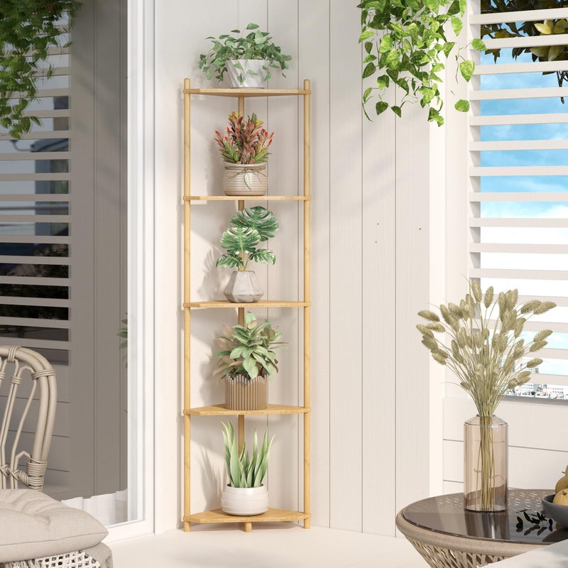 Wisuce Corner Shelf Stand - 5 Tier Natural Bamboo Small Corner Bookshelf for Office Kitchen Bedroom Plant Stand Living Room Decor Small Space - Image 1