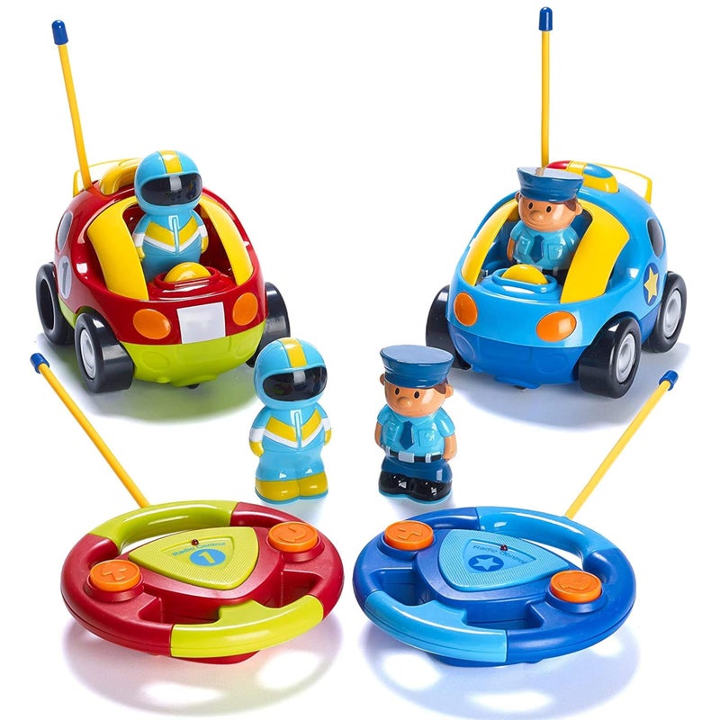 PREXTEX Cartoon Remote Control Car - 2-Pack Police and Race Car Toddler Toys - RC Cars for Kids with Different Frequencies - Easy Remote Control Toy and Thoughtful Gifts for Boys and Girls - Image 1