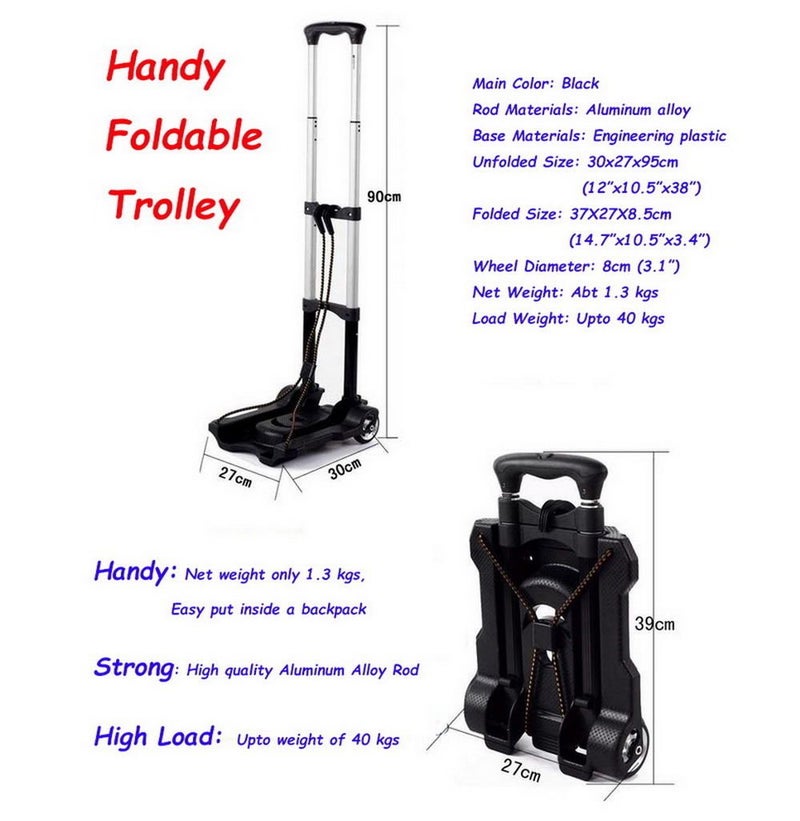 عربة يدوية قابلة للطي: إطار من سبائك الألومنيوم بوزن 1.3 كجم، سعة تحمل 40 كجم - عجلات ناعمة بقطر 8 سم، تصميم ضيق قابل للطي بعرض 8.5 سم، عربة محمولة قماشية تعمل بنظام فتح واستخدام مباشر للسائحين، العمال المتنقلين، والتسوق الداخلي - Image 3