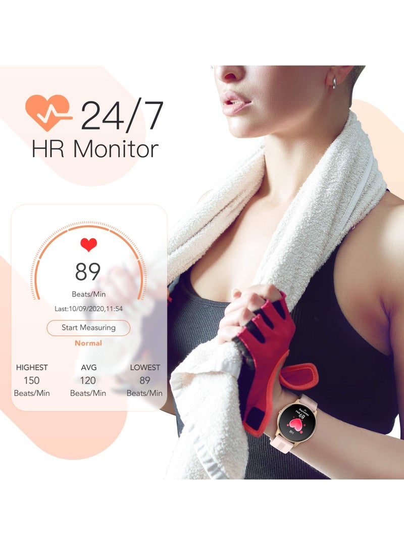 SYOSI ساعة ذكية للنساء IP68 مقاومة للماء وساعة تتبع اللياقة البدنية مع شاشة ملونة تعمل باللمس بالكامل ومراقب معدل ضربات القلب ومقياس الخطوات ومراقبة النوم ساعة ذكية متعددة الوظائف للهواتف التي تعمل بنظام Android وiOS باللون الذهبي الوردي - Image 5