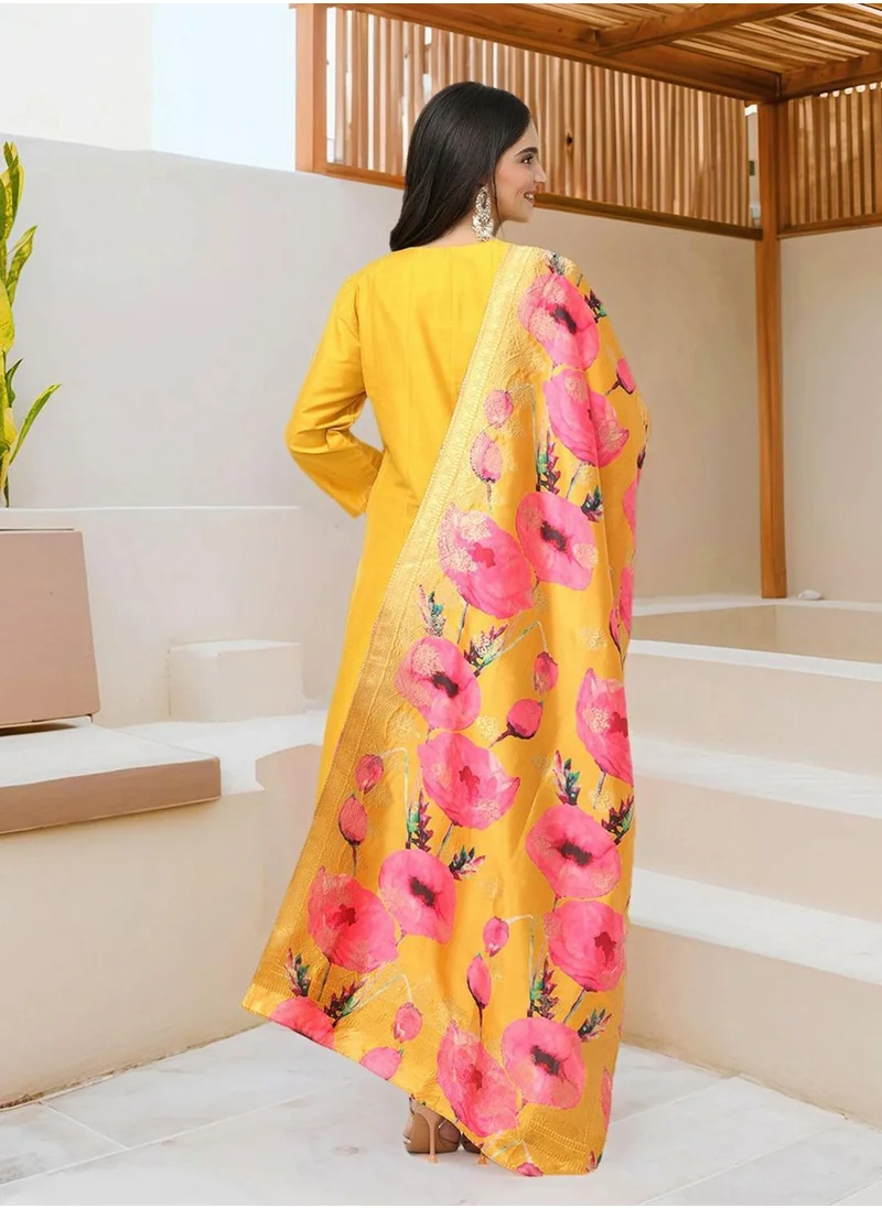 ISHIN Women's Yellow Polyester Blend Embellished Tunic Full Length Casual Straight Fit Kurta Set