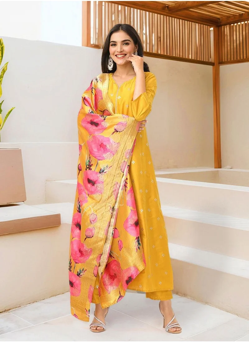 ISHIN Women's Yellow Polyester Blend Embellished Tunic Full Length Casual Straight Fit Kurta Set