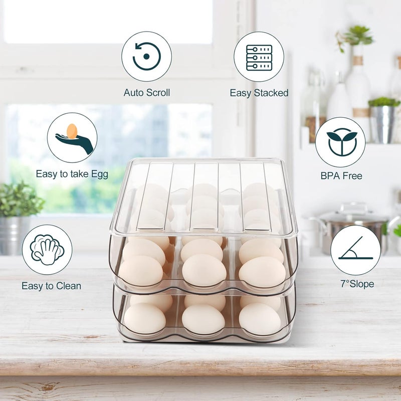 MesRosa Egg Holder , Automatically Rolling Egg Storage Container for Refrigerator,Large Capacity Organizer for Fridge with Lid,Clear Plastic Egg Dispenser, Tray & Bin -2 Layer - Image 5
