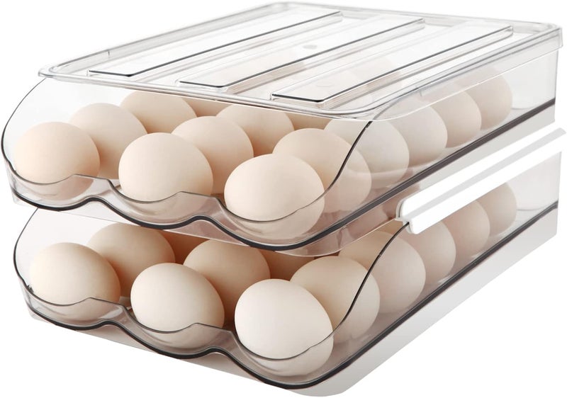 MesRosa Egg Holder , Automatically Rolling Egg Storage Container for Refrigerator,Large Capacity Organizer for Fridge with Lid,Clear Plastic Egg Dispenser, Tray & Bin -2 Layer - Image 1