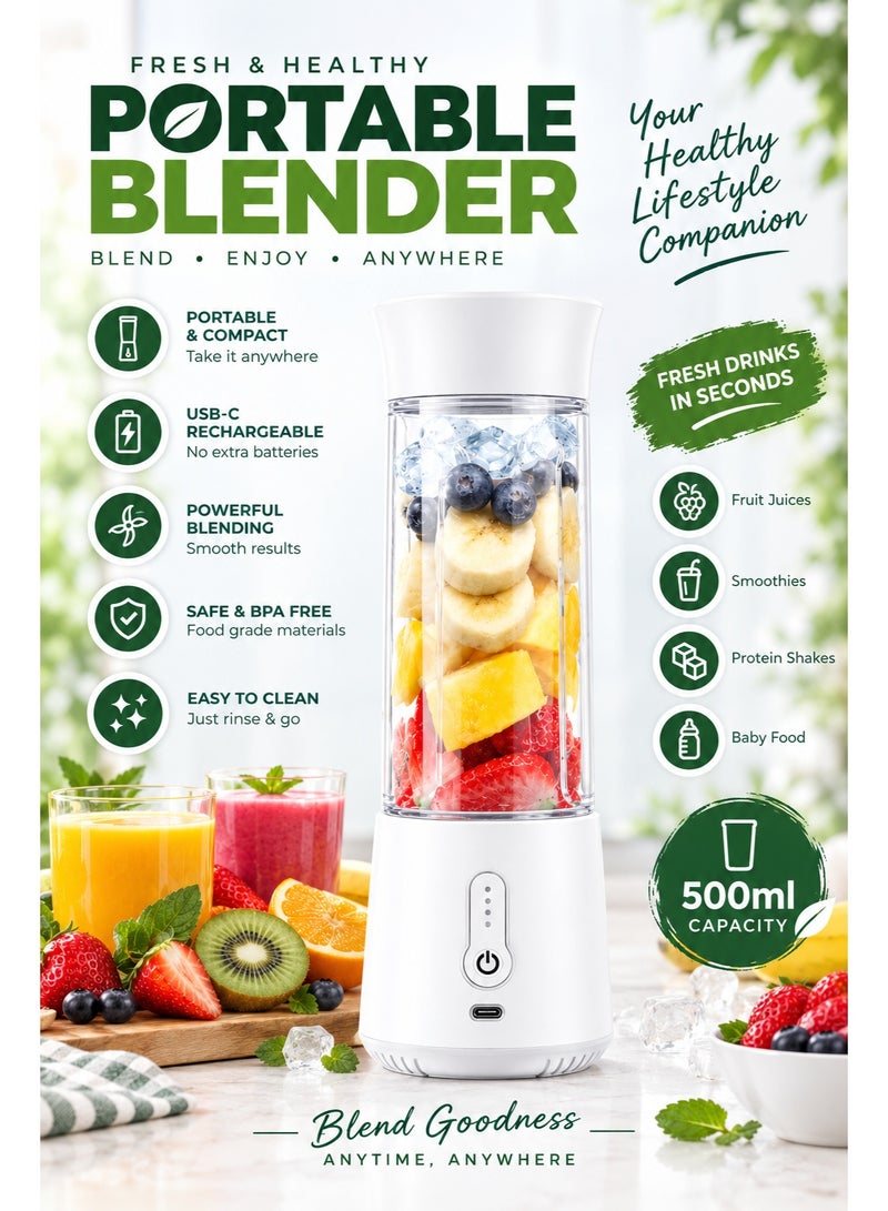 XVersion Portable Blender 500ml, USB Rechargeable Personal Smoothie Blender with High-Speed, Mini Juicer for Travel, Gym, Office, Home & Baby Food - Image 1