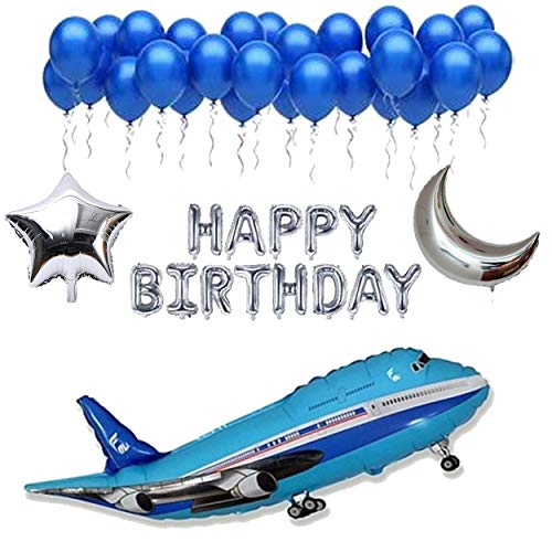 Balloonistics Masti Zone 3 Pcs 34 "Aeroplane/Airoplane Foil Balloons With Happy Birthday 1 Pcs Moon,Star Foil and 50 Blue Balloons For Kids Boys,Girls Birthday (Airoplane Theme 1) - Image 1