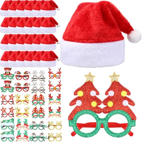 Toulite 48 Pcs Santa Hat Glasses Costume Set Christmas Santa Hats Xmas Tree Elk Glasses Funny Glitter Frames Eyewear for Christmas Holiday Party Gift Photo Booth Props Decorations Cute - Image 1