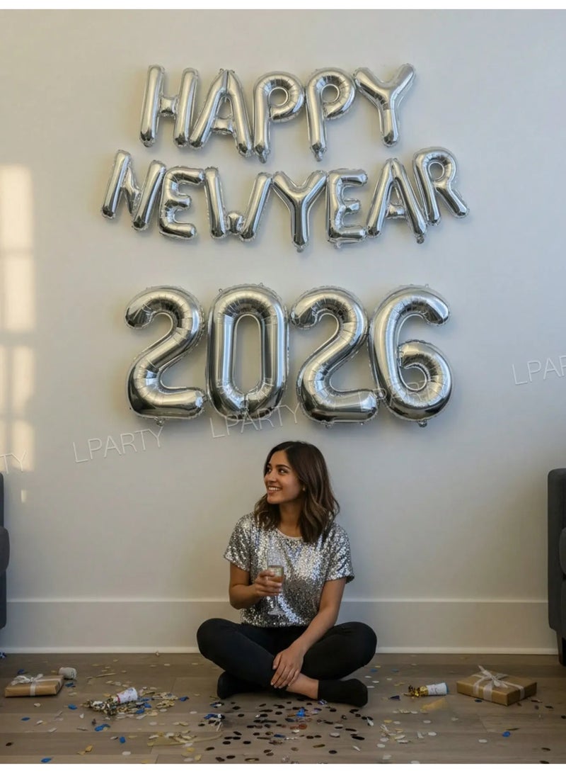 New Year Decoration Set, 19 Balloons Including 80 cm 2026 Number Balloons and 40 cm Silver ‘Happy New Year’ Letter Balloons, Perfect for Photo Backdrops and Party Decorations for New Year Celebrations. - Image 2